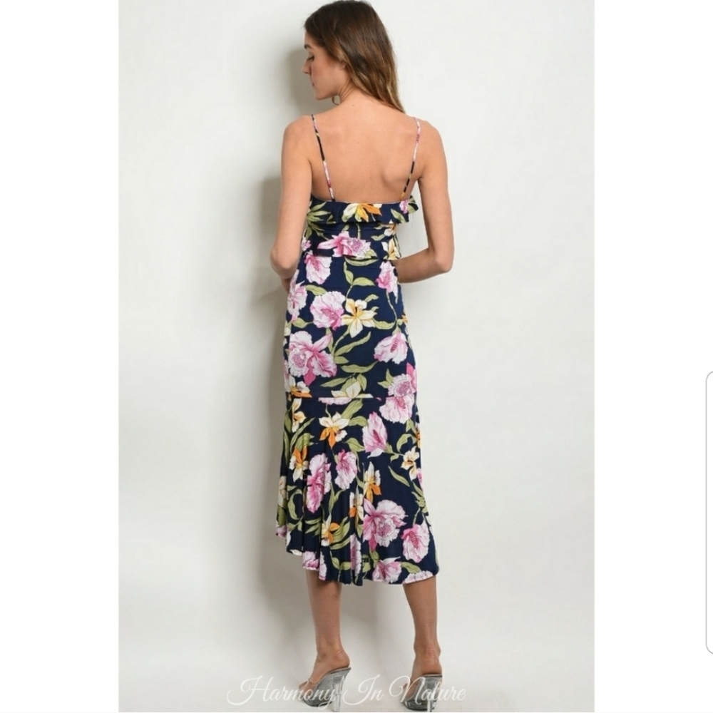 NWT Harmony In Nature 2pc Floral Crop Top High-Low Midi Skirt Set Navy Blue L - Picture 2 of 12